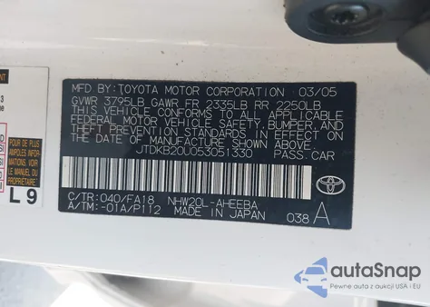 2005 Toyota Prius z USA, uszkodzony, nr VIN JTDKB20U053051330